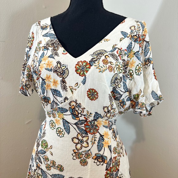 Hummingbird Floral Print Mini Dress V Neck Short Sleeve Tie Waist Summer White L - Picture 2 of 8